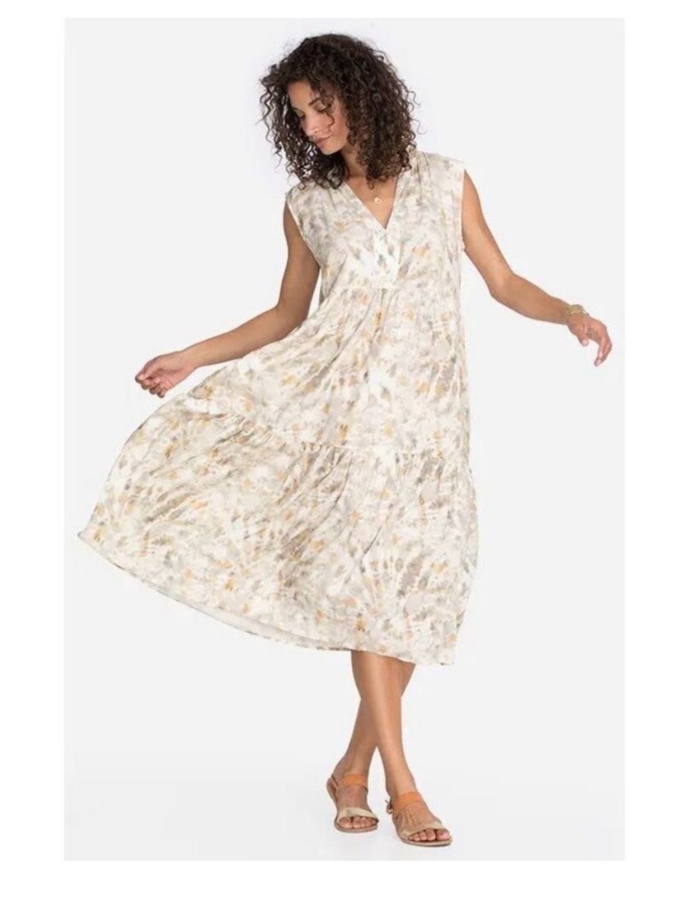 Johnny Was Calme Cream and Light Tan Tie-Dye Tiered Midi Dress